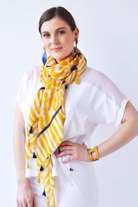 Scarves: TASSELLED SWIRL PRINT SCARF - MUSTARD/NAVY/CREAM