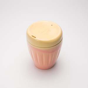 Pink Deksel reusable coffee cup in two sizes, made in Lyttelton, New Zealand