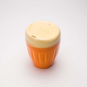 Eco: Orange Deksel reusable coffee cup in two sizes, made in Lyttelton, New Zealand