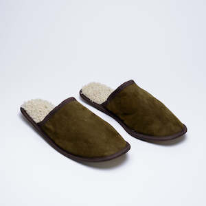 Lambskin slippers in olive green made in Geraldine, New Zealand