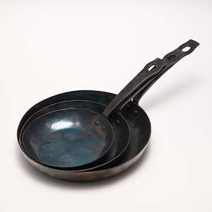 Cookware: Skillet by The Solo Blacksmith in three sizes, made in Auckland, Aotearoa