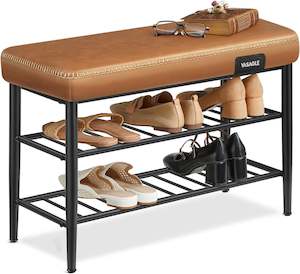 VASAGLE EKHO Shoe Rack Bench with Faux Leather - Caramel Brown