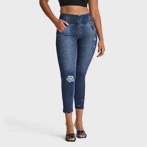 WR.UP® SNUG Distressed Jeans - High Waisted - 7/8 Length - Dark Blue + Blue Stitching