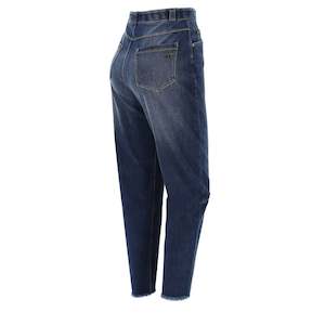 BLACK Denim Mum Jeans - High Waist - 7/8 Length - Dark Blue + Yellow Stitching