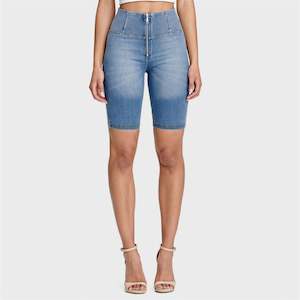 WR.UP® Denim - High Waisted - Biker Shorts - Light Blue + Yellow Stitching