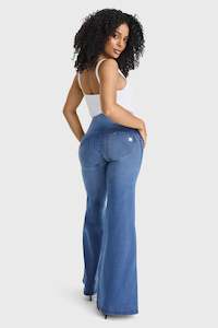 Full Length Freddy Fashion And Denim Pants: WR.UP® Denim - 3 Button High Waisted - Palazzo Flare - Light Blue + Blue Stitching