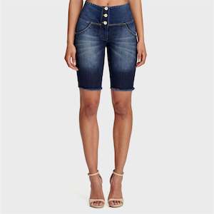 WR.UP® Denim - High Waisted - 3 Button Biker Shorts - Dark Blue + Yellow Stitching