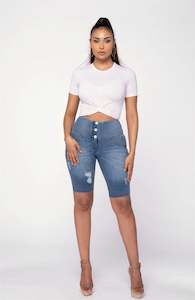 Freddy Wrup Shorts: WR.UP® Distressed Denim - High Waisted - Biker Shorts - Light Blue + Yellow Stitching