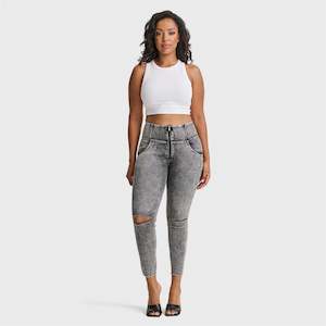 WR.UP® SNUG Ripped Jeans - High Waisted - 7/8 Length - Grey Stonewash + Grey Stitching