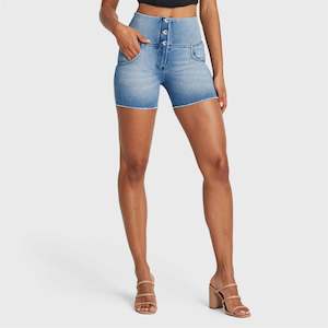 WR.UP® SNUG Jeans - 3 Button High Waisted - Shorts - Light Blue + Blue Stitching