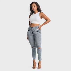 WR.UP® SNUG Ripped Jeans - High Waisted - 7/8 Length - Blue Stonewash + Yellow Stitching