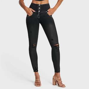 Stay In Touch With Freddy: WR.UP® SNUG Ripped Jeans - High Waisted - Full Length - Coated Black + Black Stitching