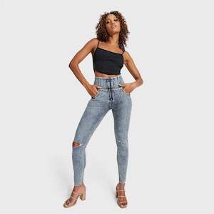 WR.UP® SNUG Ripped Jeans - High Waisted - Full Length - Blue Stonewash + Yellow Stitching