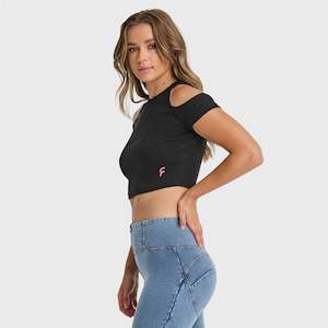 Warehouse Sale Womens Tops: Cropped Cut Out T Shirt - Black