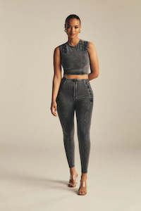 WRUP Denim Criss Cross Detail - High Waisted - 7/8 Length - Dark Grey Denim + Bl…