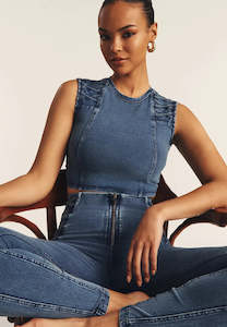 Freddy Womens T Shirts Tops: Cropped Tank Criss Cross Detail - Indigo Denim