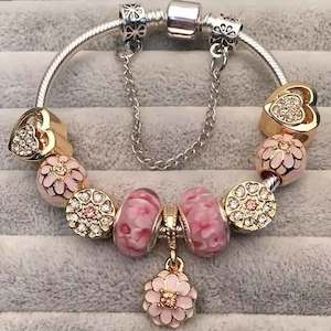 Silver Charm Bracelet with NINE free Charms "Pink Flower"