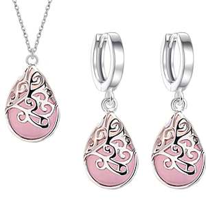 Silver Pear Shape Cat's Eye Jewellery Set "Trinity" (Pink)