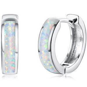 925 Sterling Silver Opal Huggie Earrings "Lopaz" (White)