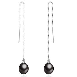 925 Sterling Silver Black Pearl Threader Earrings "Clara" (Black)