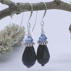 Black Drop Earrings with Premium Crystals "Jamal" (Blue)