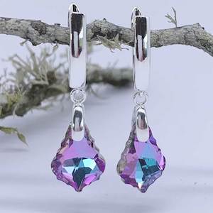 Silver Drop Huggie Crystal Earrings "Orlondo" (Blue-Pink)