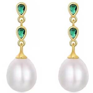 Gold Pearl Green Crystal Drop Earrings "Verde"