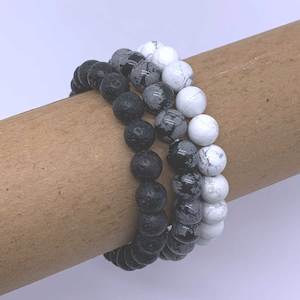 Stretch Bracelet with 8mm round gemstones "Mala" (Black to White - set of 3)