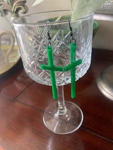 Clothing: Green Solid Cross Earrings