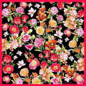 Roses Magnolias Black & Fushia Silk Scarf