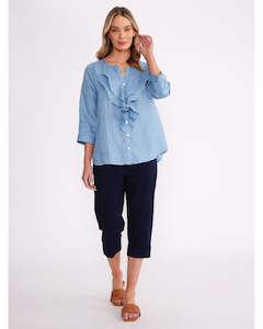 Yarra Trail Ruffle Linen Shirt - Bay Blue