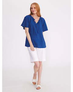 Yarra Trail: Yarra Trail Fluted Sleeve Embroidered Cotton Top - Regal Blue