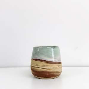 Handmade Pottery Round Dimpled Tumblers - Marbled Tan Mint Top