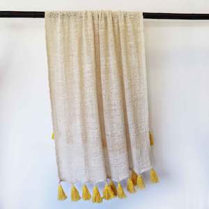 Natural Cotton Throw with Yellow Tassels