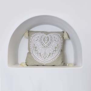 Cushions: Beige Cushion Cover With White Mandala Pattern And Tassels