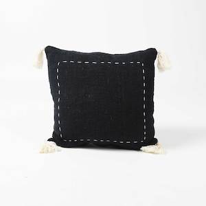 Black Cotton Cushion with Cream Stitching and Corner Tassels