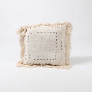 Natural Fringed Cotton Cushion Cover with Black Stitched Square Pattern