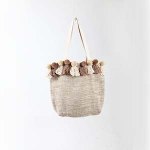 Cotton Canvas Lined Market Bag Fringed with Tassled Pom Poms