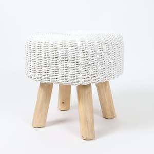 White Stool with Four Wooden Teak Legs