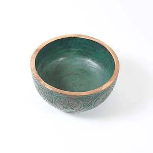 Soft Green Intricately Carved Wooden Serving/Fruit Bowl