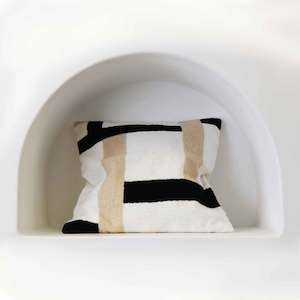 Tan & Black Patterned White Cotton Cushion Cover