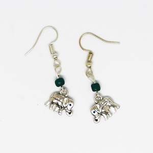 Green Bead Elephant Silver Egyptian Earrings