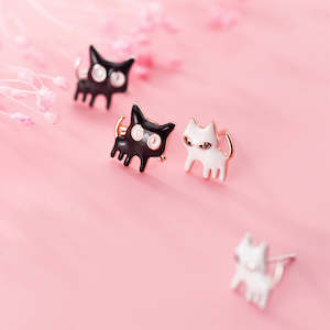 Sterling Silver Earrings - B/W Cat