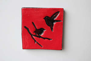 Ceramic Square Tile - Red with black birds