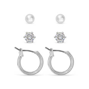 Ear Sense Earring FC298 Silver Ball Stud, Cubic Zirconia & 15mm Hoop Trio