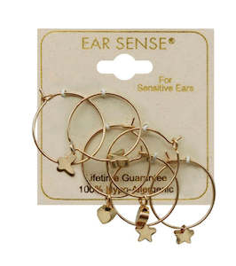 Ear Sense Earrings Gold Hoops w/Charms Trio FC305