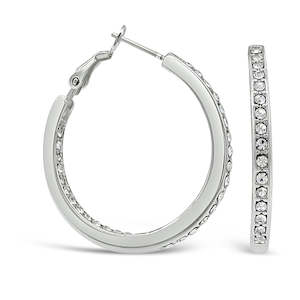 Ear Sense Earring F404 32mm Silver Hoop with Inset Crystals