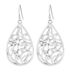 Ear Sense Earring F398 Silver, Filigree Teardrop French Hook Earrings