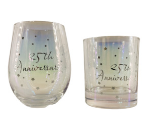 Stemless Wine Glass & Scotch Glass Set: 25th Anniversary – Giftware & Engravers