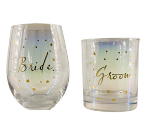 Stemless Wine Glass & Scotch Glass Set: Bride & Groom – Giftware & Engravers